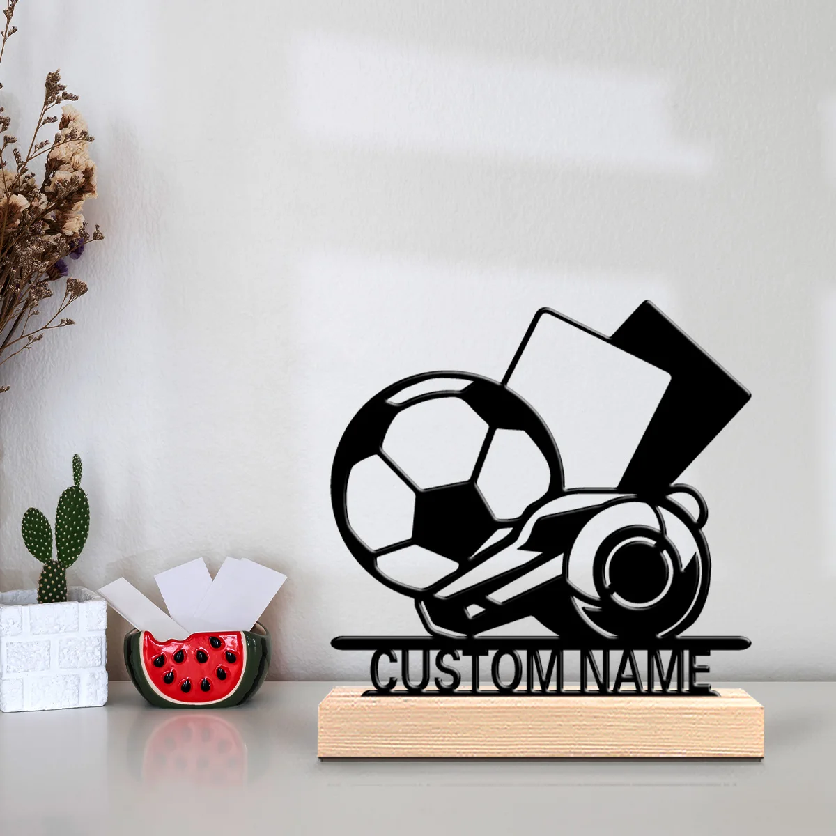 1pc Simple soccer referee Customized Name Tin Statue Metal Ornament Handicraft With Wood Base Iron Sculpture Bedroom Table