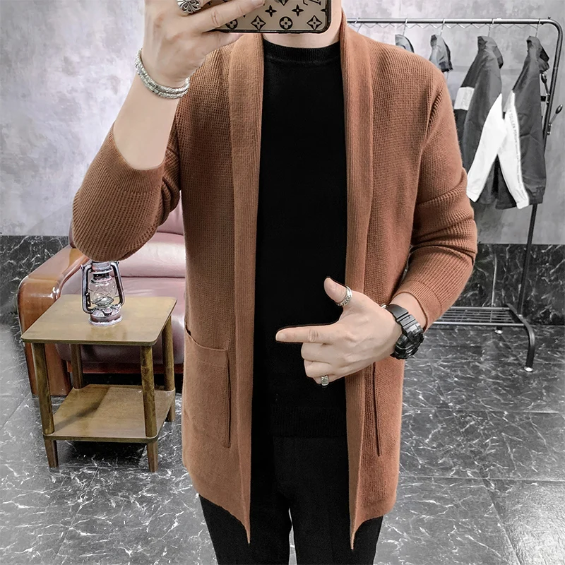 Autumn Men's Long Trench Coat Korean Version Sweater Unbuttoned Solid Color British Cape Youth Casual Sweater Coat