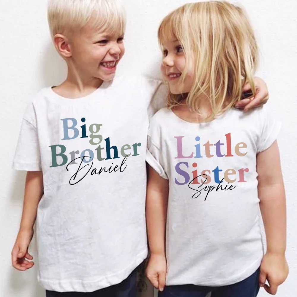 Big Sister Little Brother Matching Clothes Personalized Sibling Shirt Custom Name Kids T-shirt Top Baby Bodysuit Look Outfit Top