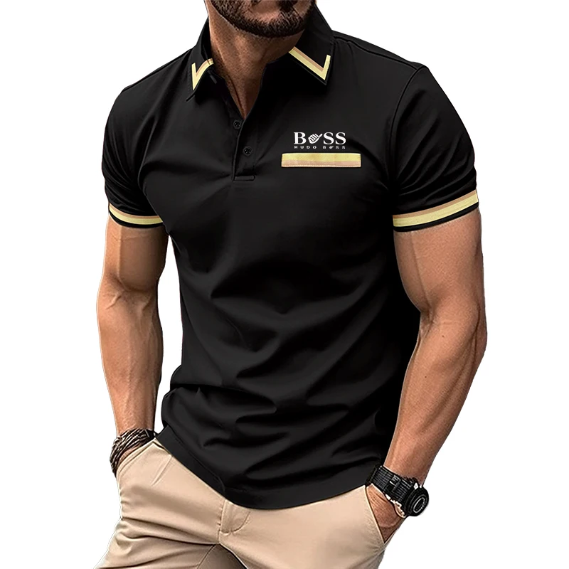 Boutique POIO Men's Top Short Sleeve Button Collar T-shirt Fashionable Casual Style Comfortable Breathable Sweat wicking Sports