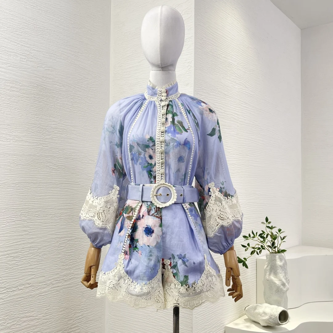 

2025 New Blue Floral Print Long Sleeve Lace Trim Blouse Tops And Shorts Set for Holiday