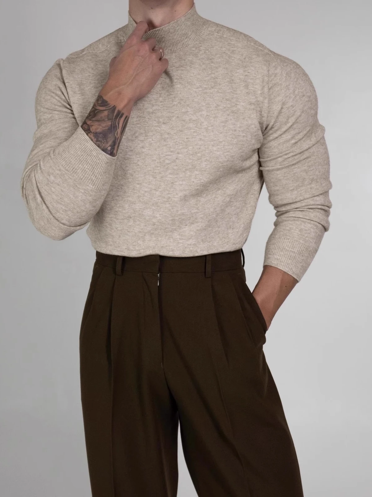 

Мужская вязаная кофта с высоким воротником, на флисовой подкладке, приталенная, модная, базовая, осенне-зимняя, новая, в корейском стиле, повседневная одежда