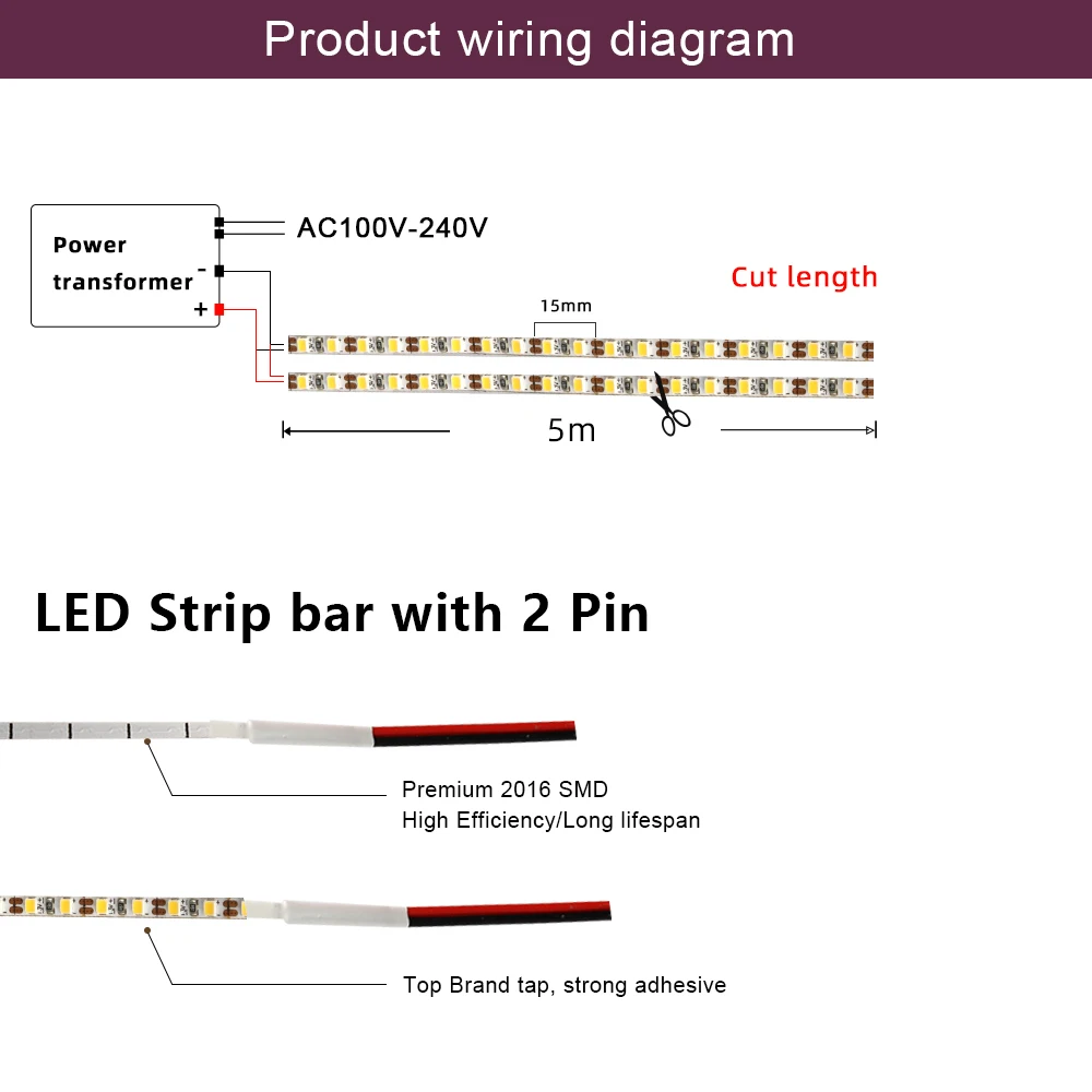 Tira de luces LED SMD Superfina para decoración del hogar, cinta Flexible de luces de alto brillo, regulable, 3V/5V/12V, 2,7 LED/m, 200mm