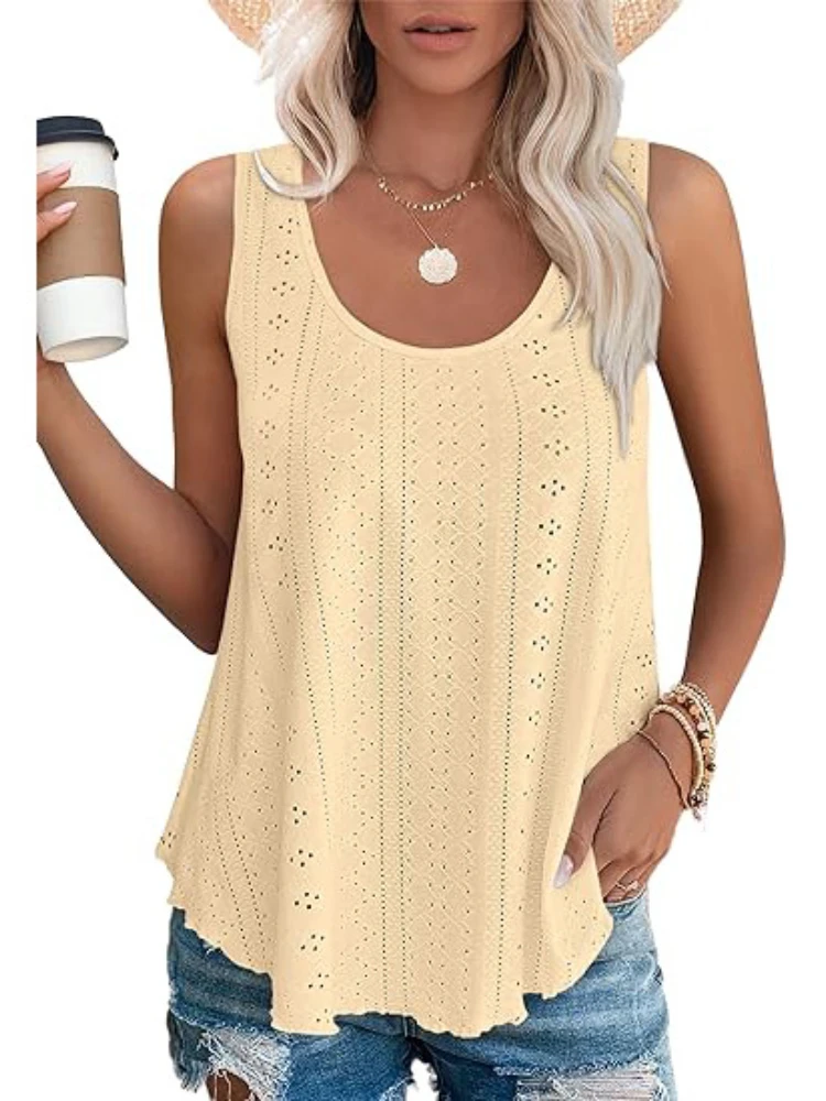 

Women's Sleeveless T Shirt, Hollow Out Tops, Solid Round Neck, Summer