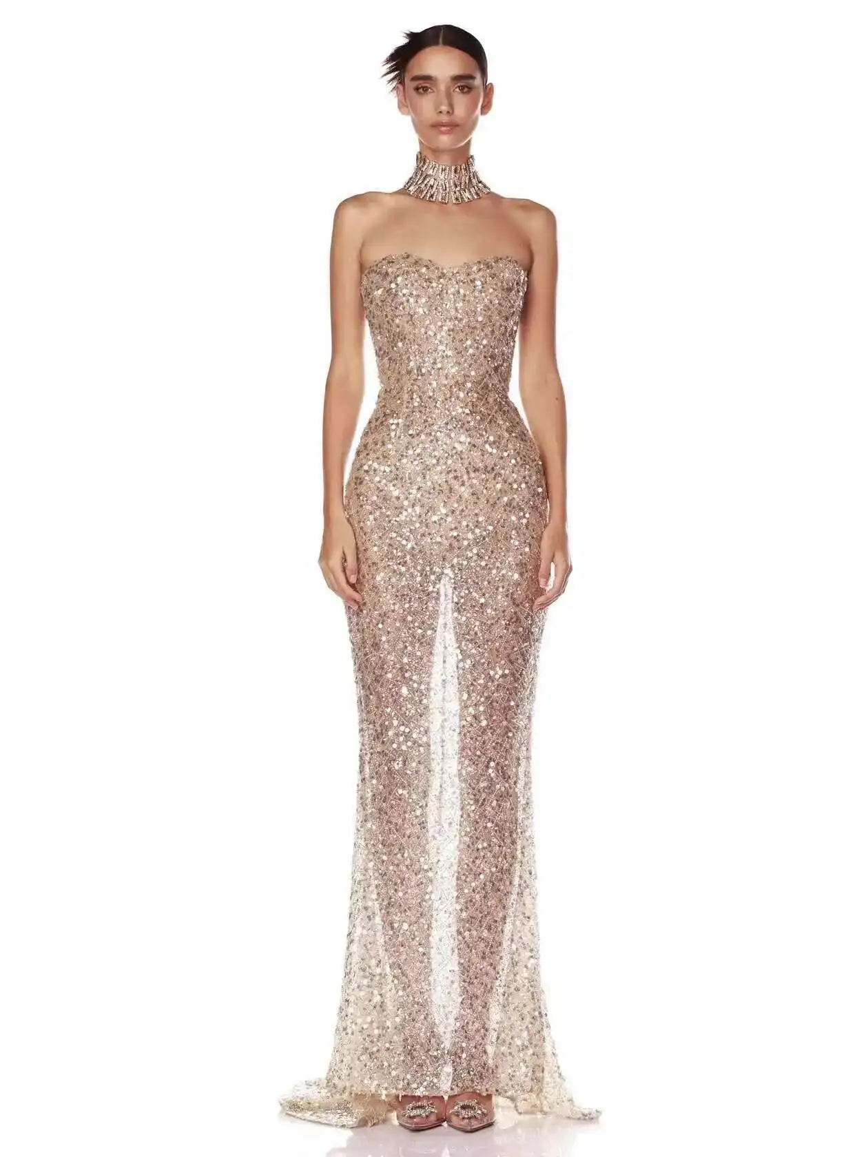 

Summer Rose High-end Gold Strapless Dress, Light Luxury Temperament, Banquet Sparkling Fish Tail Dress, Long Skirt