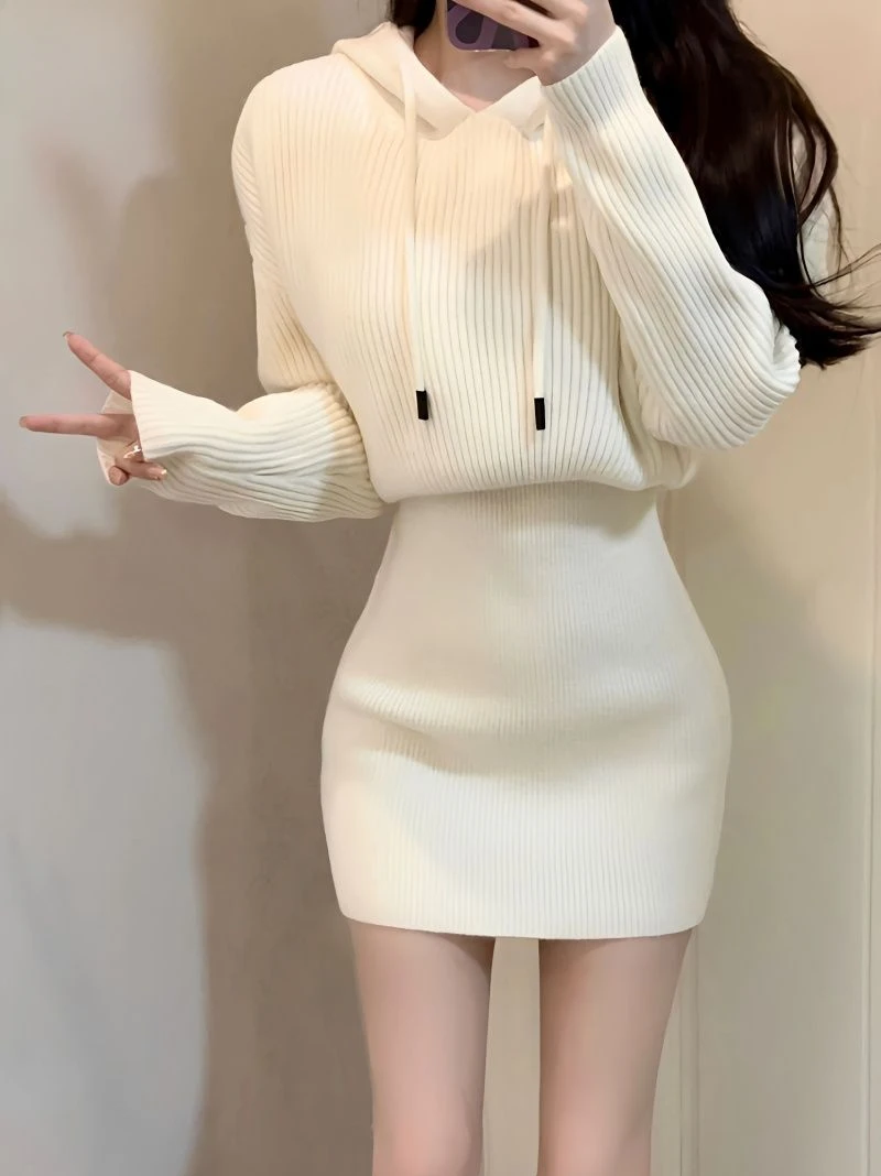 

Korean Fashion Autumn New Women Dress Knitted Hooded Long Sleeve High Waist Slim Mini Dresses Knitting Vestido Feminino 2024