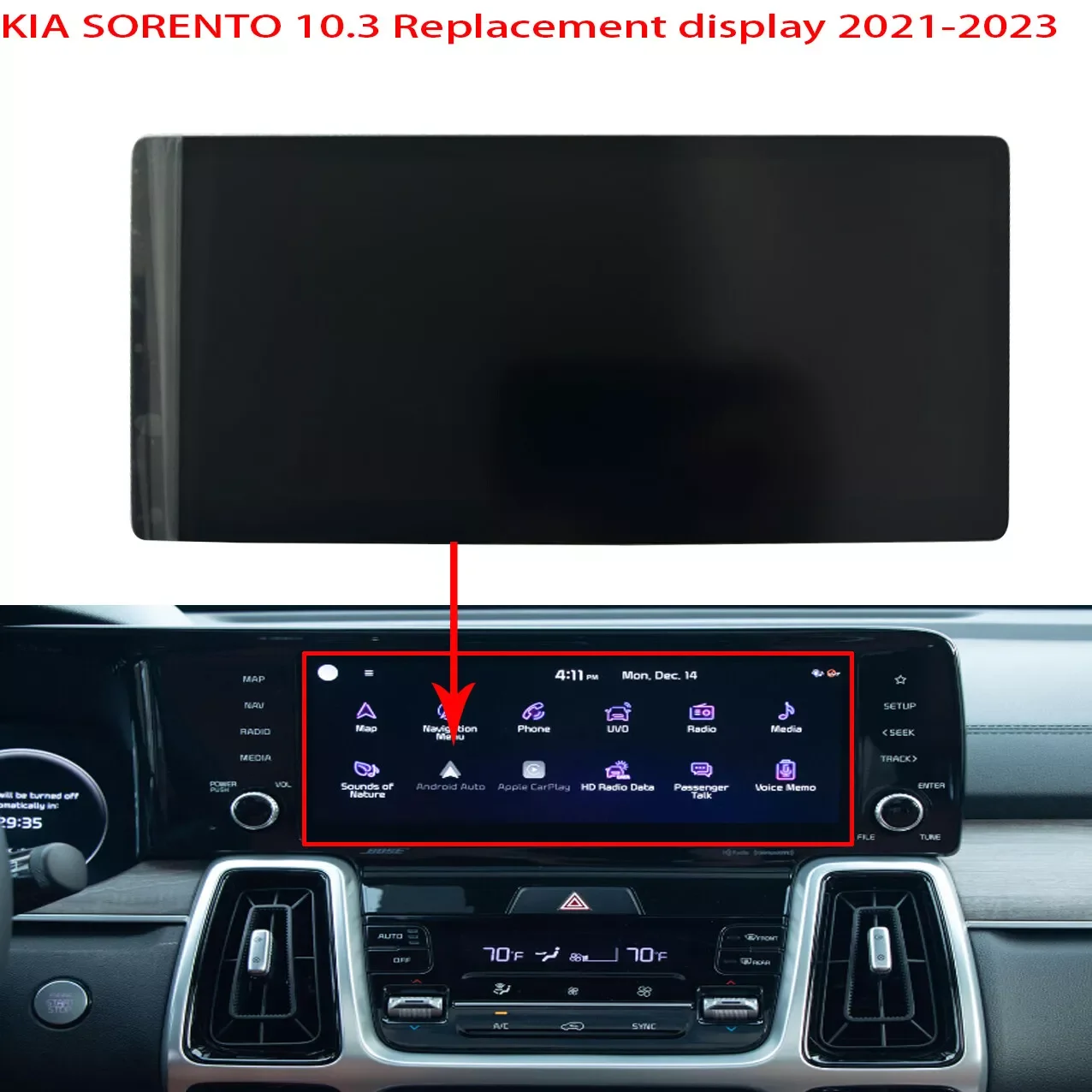 LCD Display Touch screen REPLACEMENT for 2021-23 KIA SORENTO MQ4 RADIO NAVIGATION