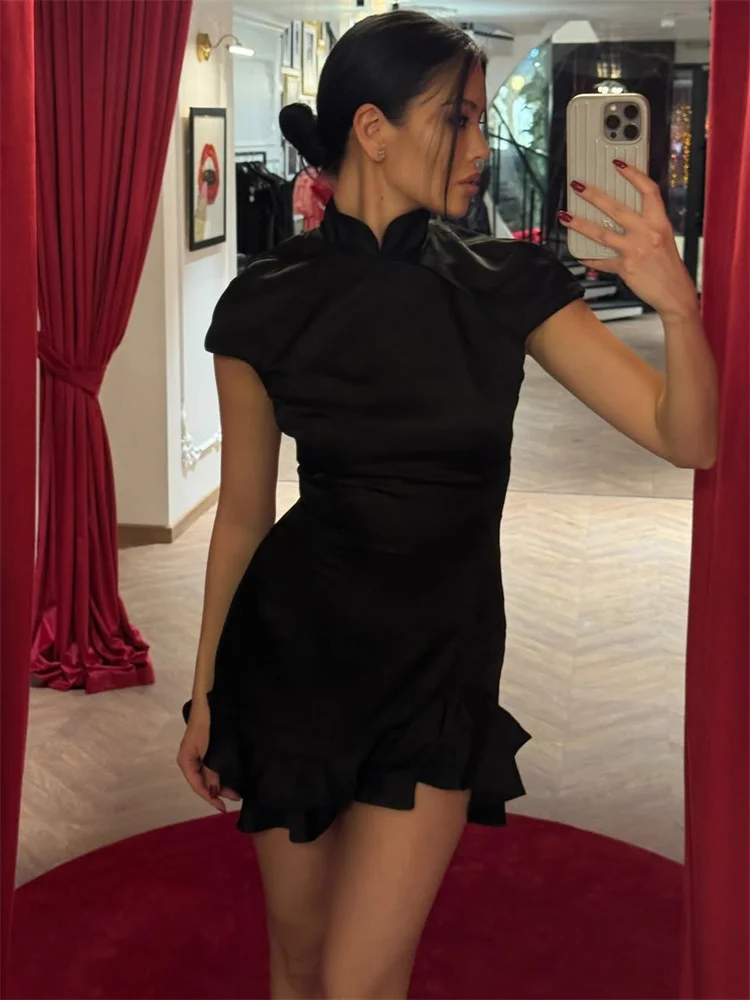 Women's Ruffled High-Waist Mini Dress with Short Sleeves