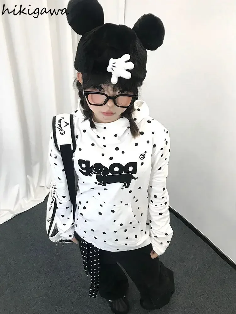 Polka Dot Dog Print Hoodies for Women Long Sleeve Hooded Y2k Tops 2024 Ropa Mujer Fashion Casual Sweatshirts Oversized Hoodie