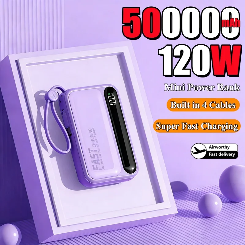 

500000 мАч, 120 Вт, внешний аккумулятор большой емкости, 4 в 1, кабели, интеллектуальный цифровой дисплей, портативный внешний аккумулятор для iPhone Huawei
