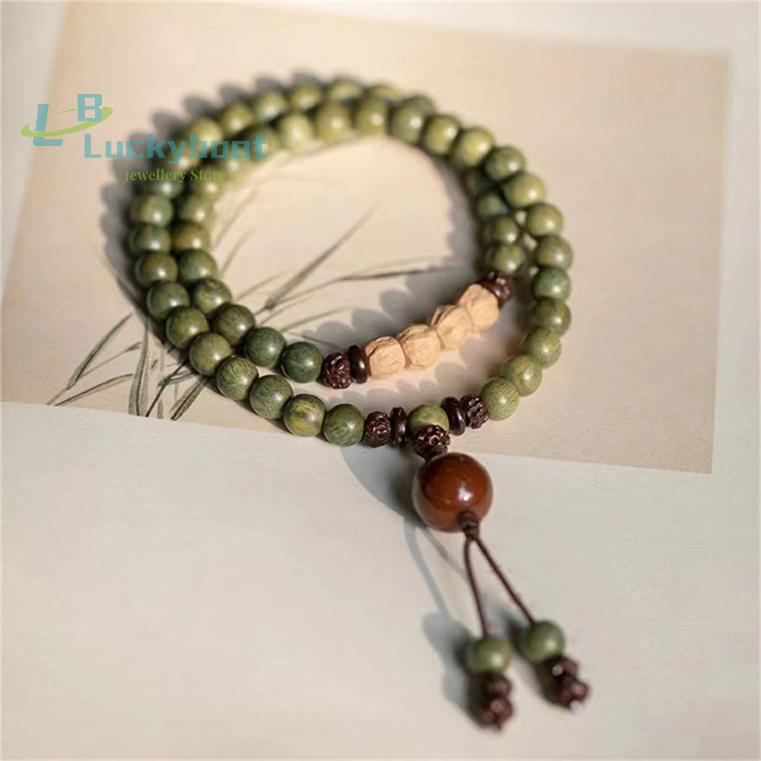 

Double layered green sandalwood Bodhi Buddha beads layered bracelet for women, niche new Chinese ancient style bead bracelet