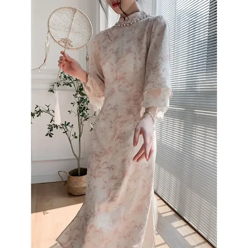 

Cheongsam Qipao Chinese Dress Modern Pink Improved Cheongsam Retro Evening High-End Dress Cheongsam Elegant Floral Women Dress