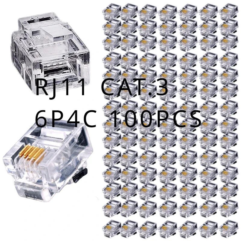 Cat3 RJ11 connector Cat.3-6P4C,  modular cable head plug gold-plated pressed telephone crystal head (100 pieces)