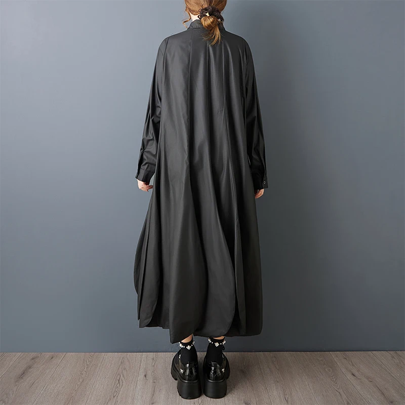 Loose Casual Midi Dr Spring New Sle k Design Sense Asymmetrical Pure Color Slimming Over-Knee Women's Cotton Dr