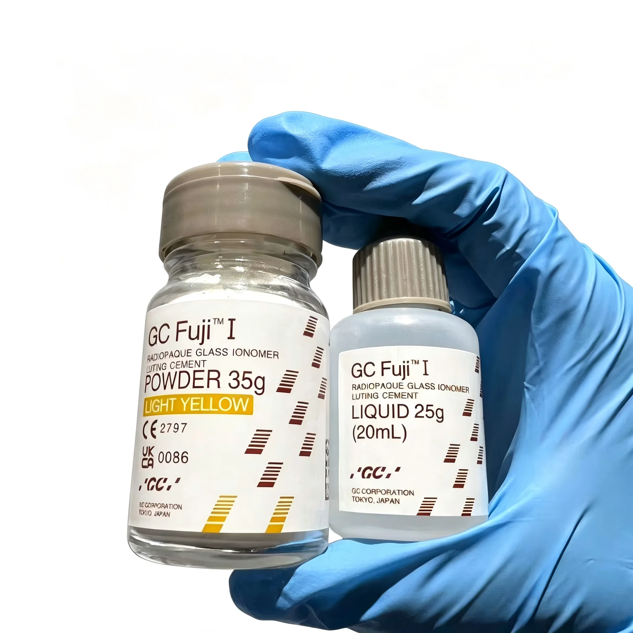 Image of GC Fuji I Glasionomer-Zement, 35g Pulver & 25g Flüssigkeit, Röntgenopak Hellgelber Fixierzement für Kronen & Brücken