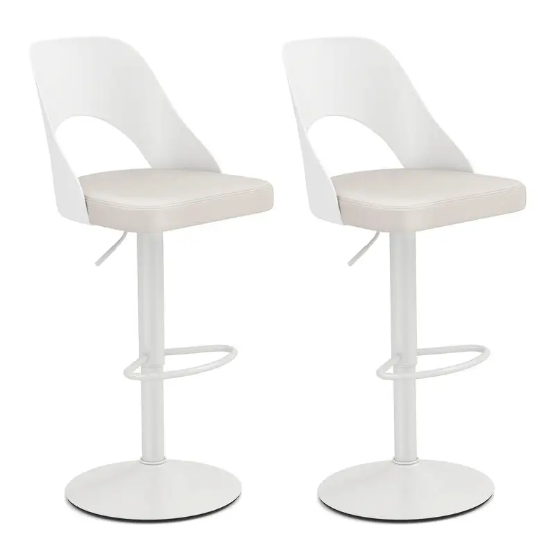 Bar Stools Set of 2 with Enlarged PU Leather Seat and Footrest-White