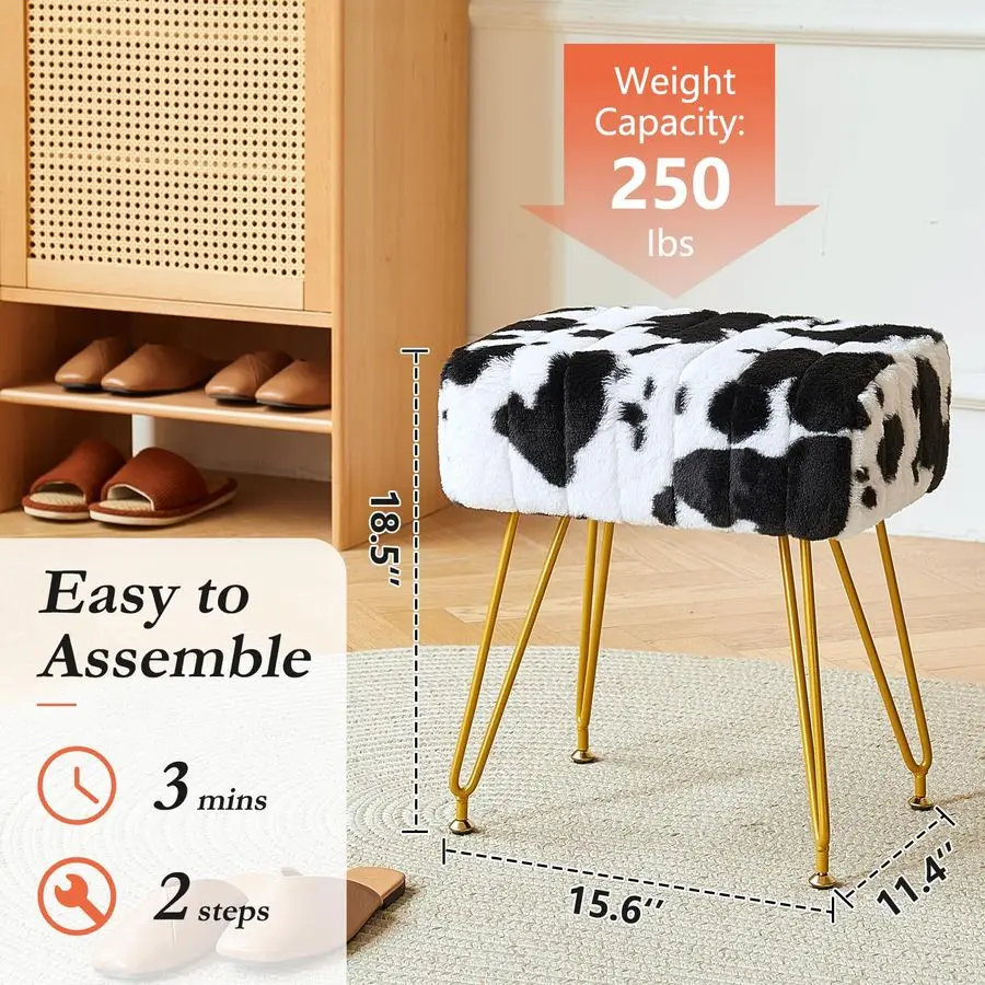 เก้าอี้แต่งหน้าหุ้มขนสัตว์เทียม ขาโลหะสีทอง พร้อมขาปรับระดับได้ เบาะนั่งนุ่มสบาย ใช้เป็นสตูลวางเท้าได้