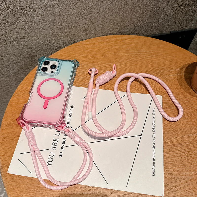 XMN Gradient Color CrossBody Chain Case For iPhone17Air 17 promax 16 16E 15 14 13 12Magsafe Wireless Charge Magnetic Cover