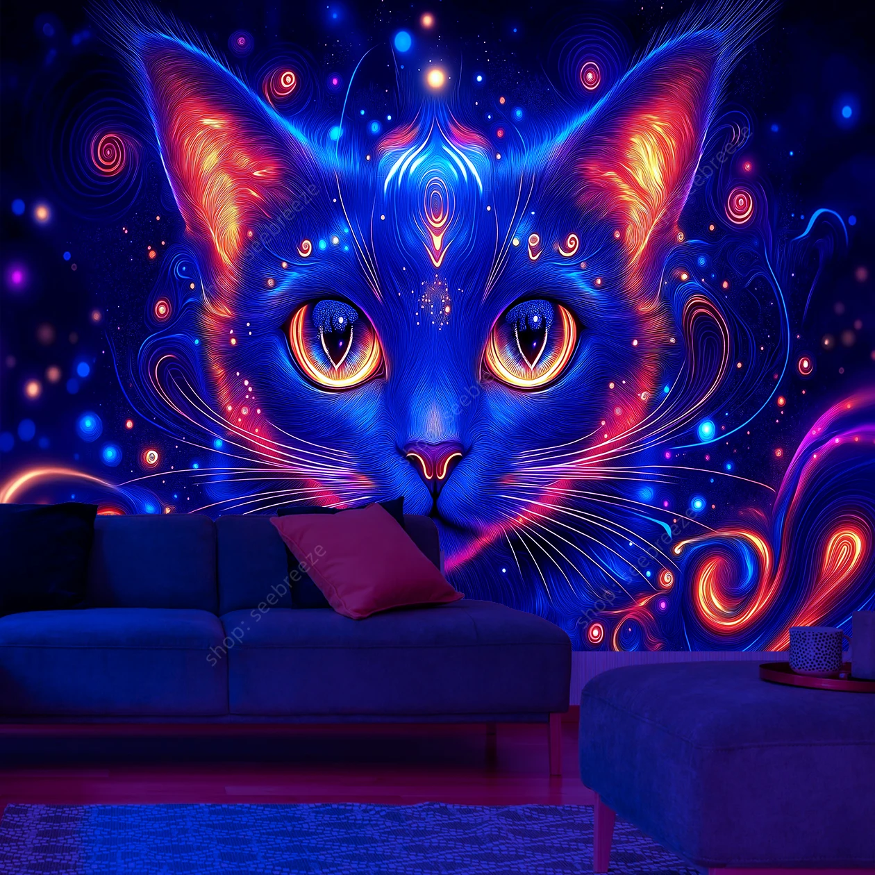 Vibrant Cosmic Cat UV Tapestry Wall Hanging Yoga Meditation Room Decor Mystical Bohemian Art Bedroom Dormitory Living Space