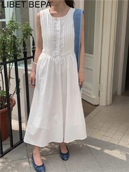 DR10500 2024 New Korean Fashion Sleeveless Elegant Lady Fold High Waist Vintage Women Spring Summer Shirt Dresses Long Dress