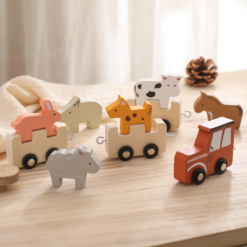 Baby Wooden Building Blocks Train Farm Animals Stacking Educational Toys Children Montessori Stacker Toys for Children Gifts