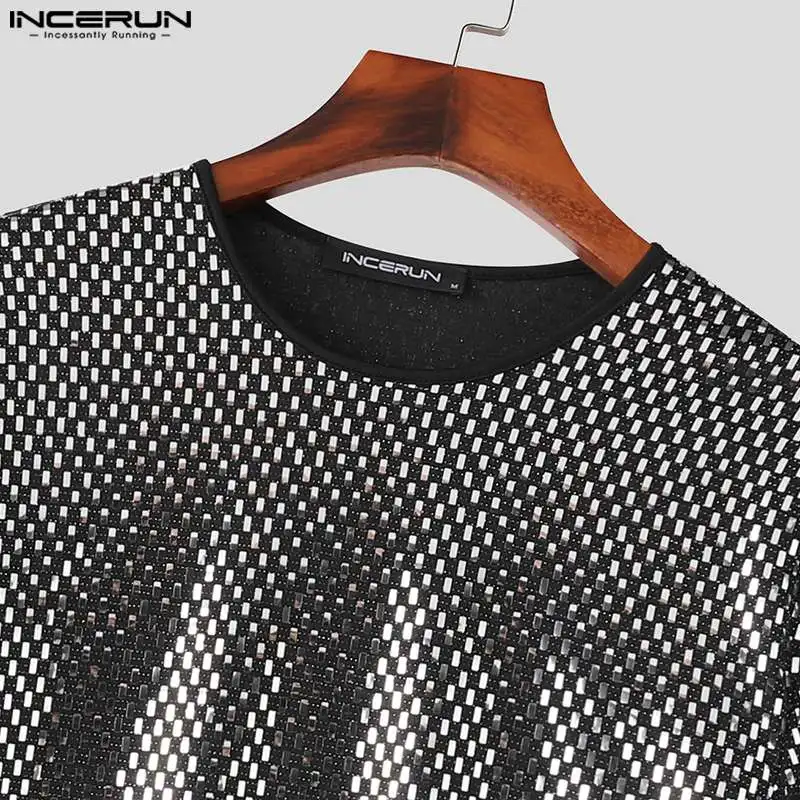 2024 Men\'s T Shirt Sequins Shiny O-neck Short Sleeve Loose Men Clothing Streetwear Party Fashion Casual Camisetas S-5XL INCERUN