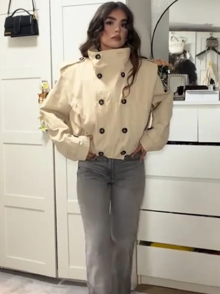 Women Stand Collar Double Breasted Cropped Trench Jacket Long Sleeve Button Cuff Loose Short Outerwear Fashion Street Daily Wear