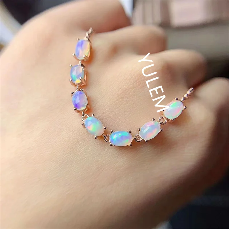 Natural Opal Bracelet Sterling 925 Silver Ethiopia Opal Gemstone Oval 4*6mm Bangle Jewelry for Women Birthday Party Gift