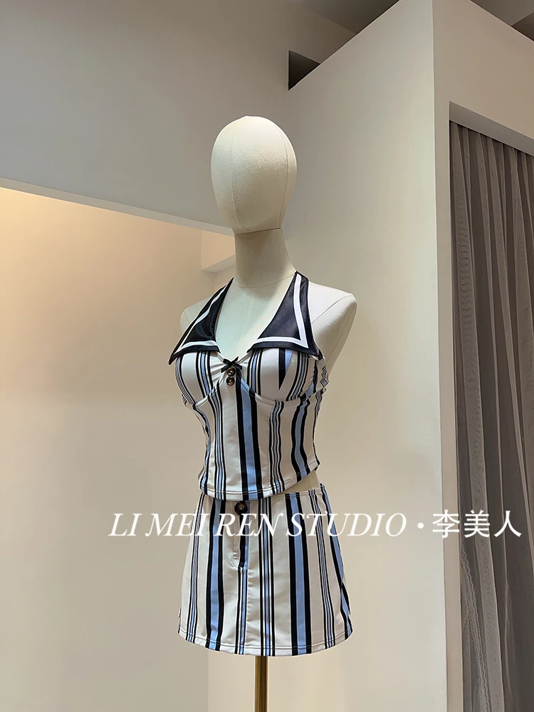 

New spicy girl sexy navy striped vest skirt style split swimsuit