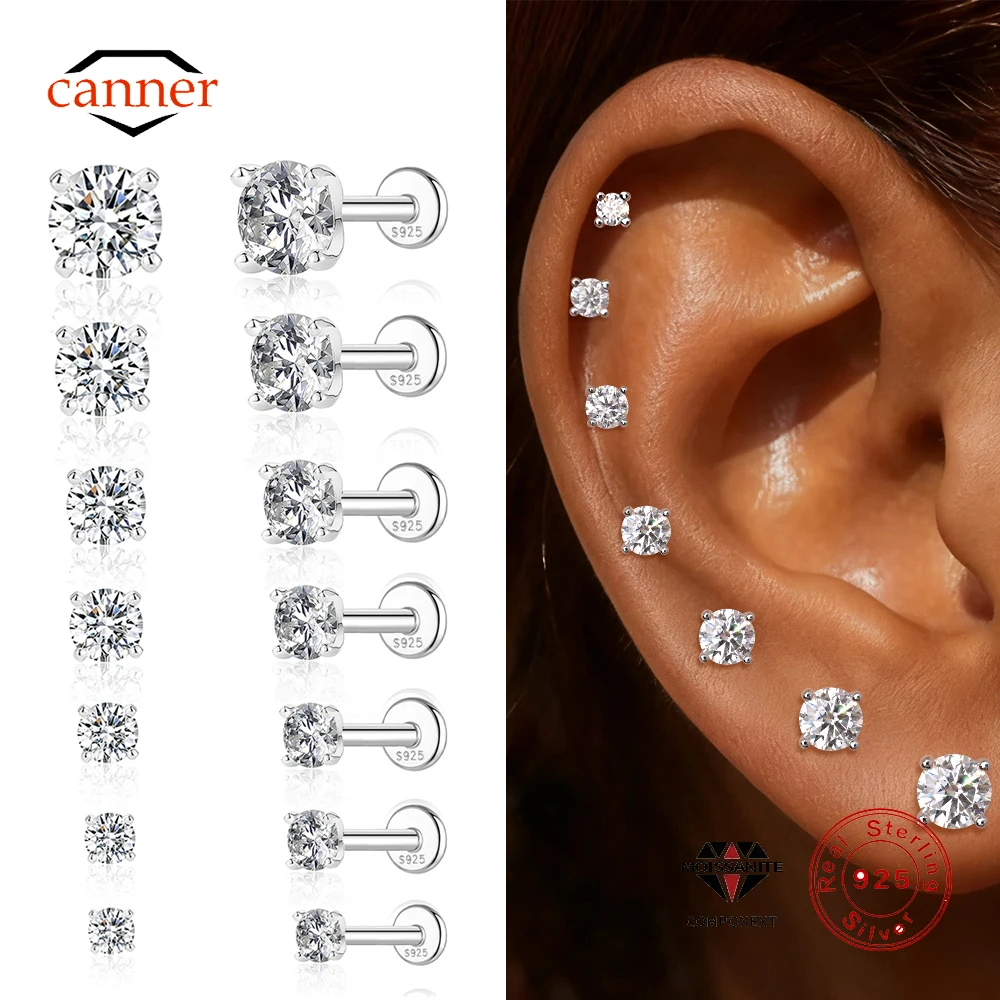 CANNER Moissanite D Color Flat Head 0.03-1.2 CT Sparkling Piercing Earrings For Women 925 Sterling Silver Earring Wedding Gift