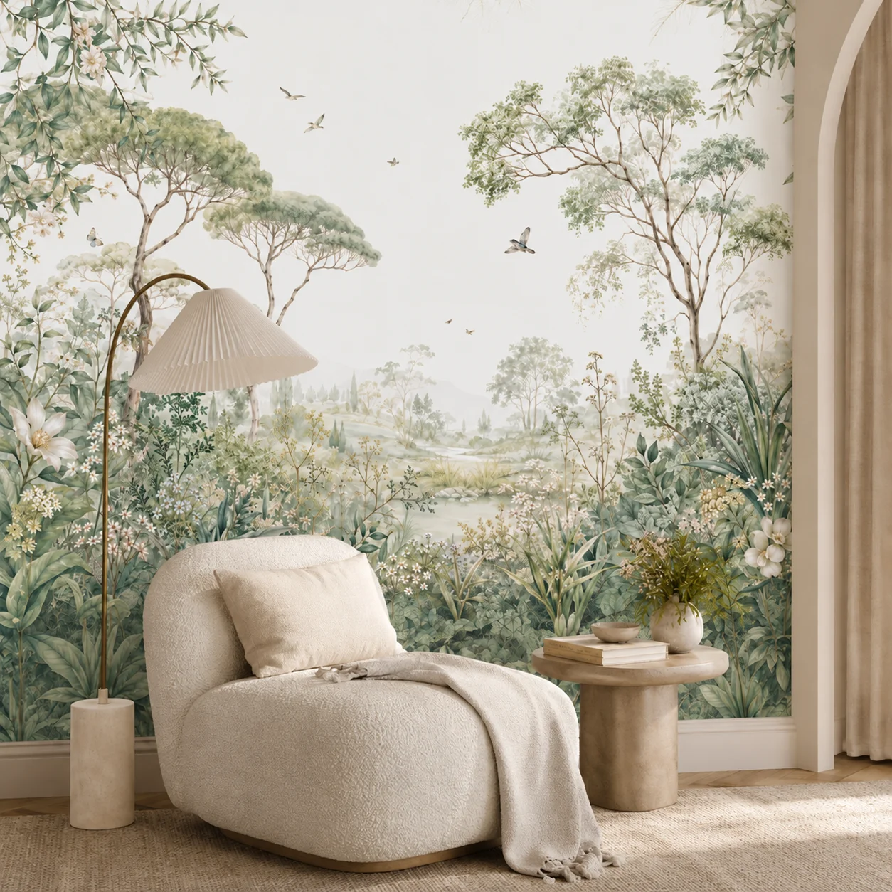Vintage Sage Green Woodland Garden Wall Mural Wallpaper, Botanical Landscape with Birds for Living Room Bedroom, Paste Required