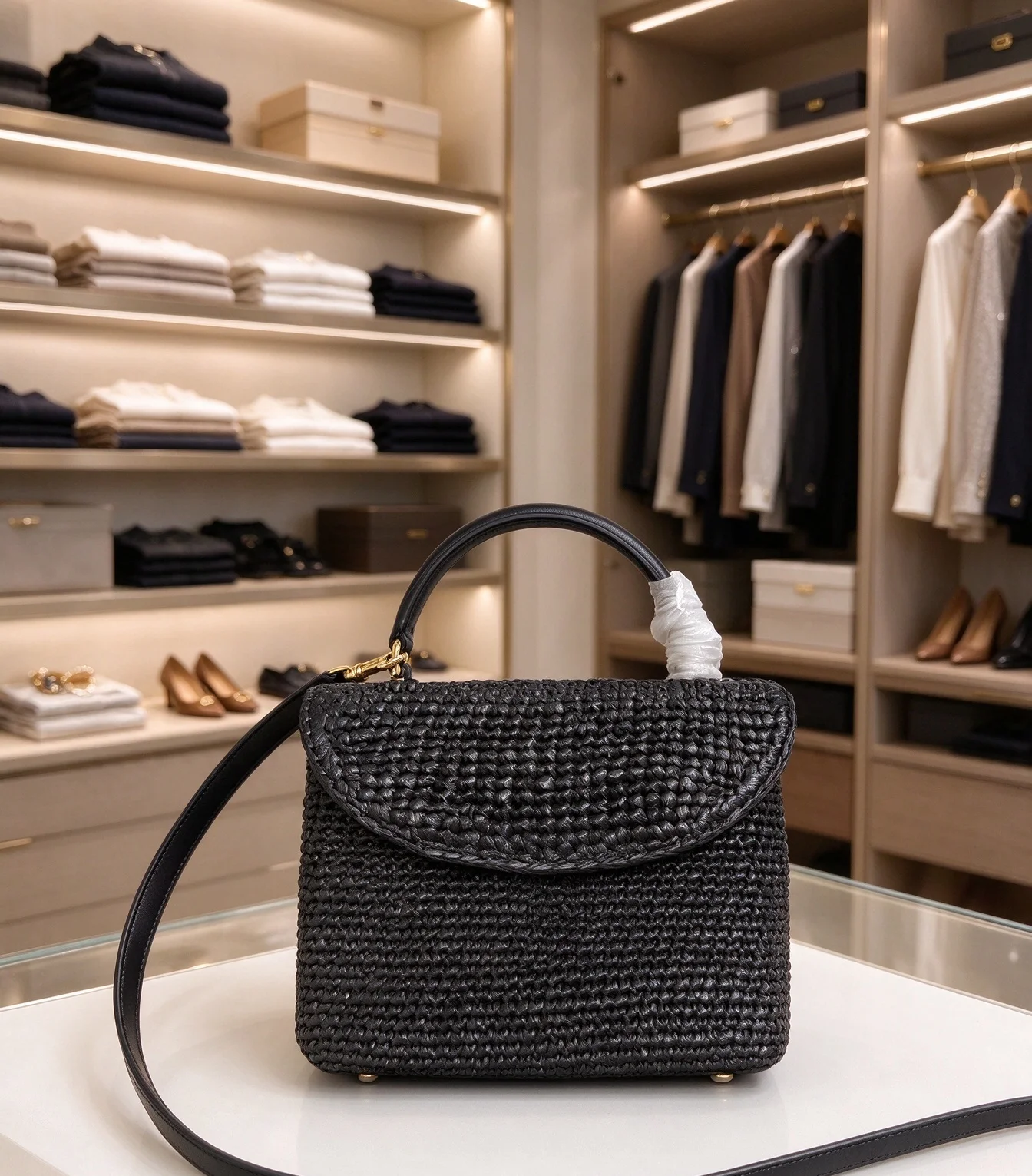 Summer Bohemian Style Black Woven Box Bag Round Top‑handle Casual Vacation Purse