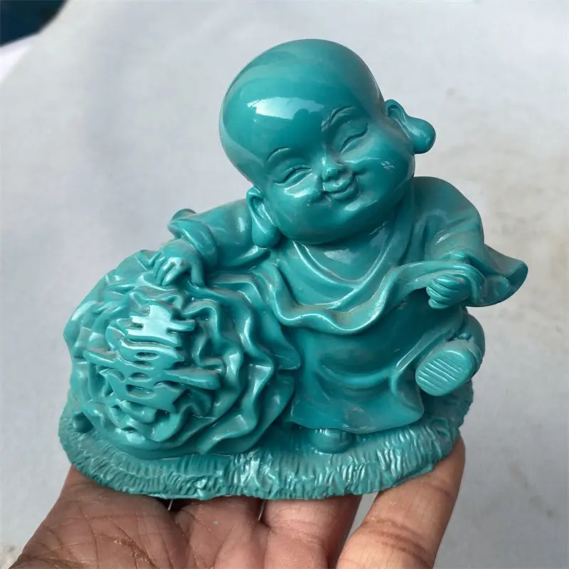 Chinese Natural Turquoise Handcarved Exquisite Ancient Little Monk Decorations Statues Carving Living Room Home