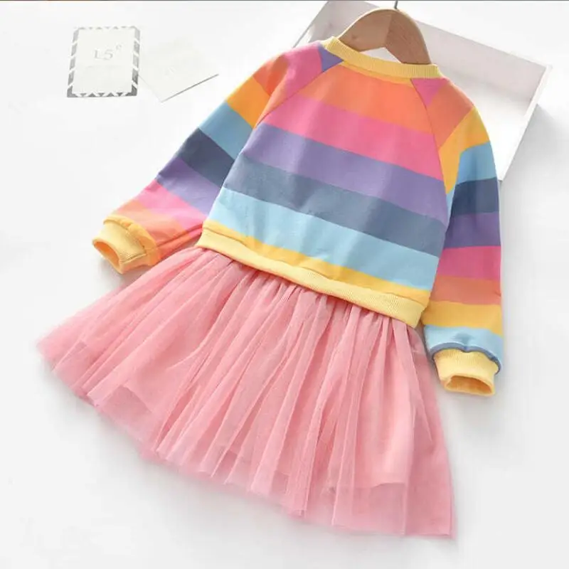 Baby Girls Dress Princess Autumn Sweater Fleece Gauze Tutu Dresses Children Clothing Long Sleeve Rainbow Stripes Dress For Girls