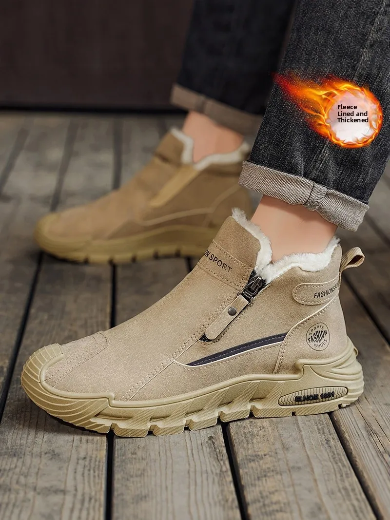 Men's Winter Thickened Fleece Lined Snow Boots Warm Waterproof Anti-slip  Boots Leather And Fur Integrated Short Calf H...
