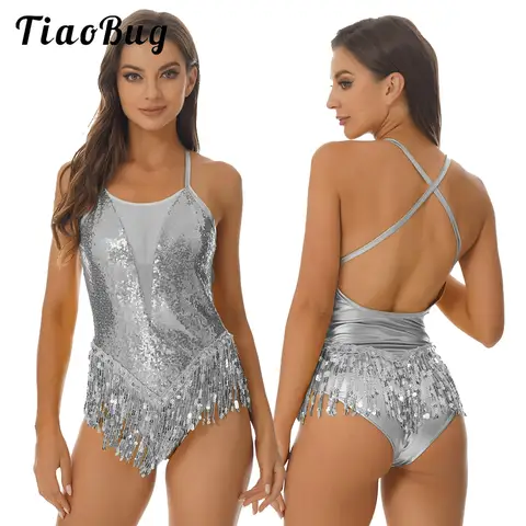 Justaucorps de danse latine pour femmes, paillettes, glands, robe à franges, dos croisé, salle de bal, Tango Samba Chacha, Costume de spectacle