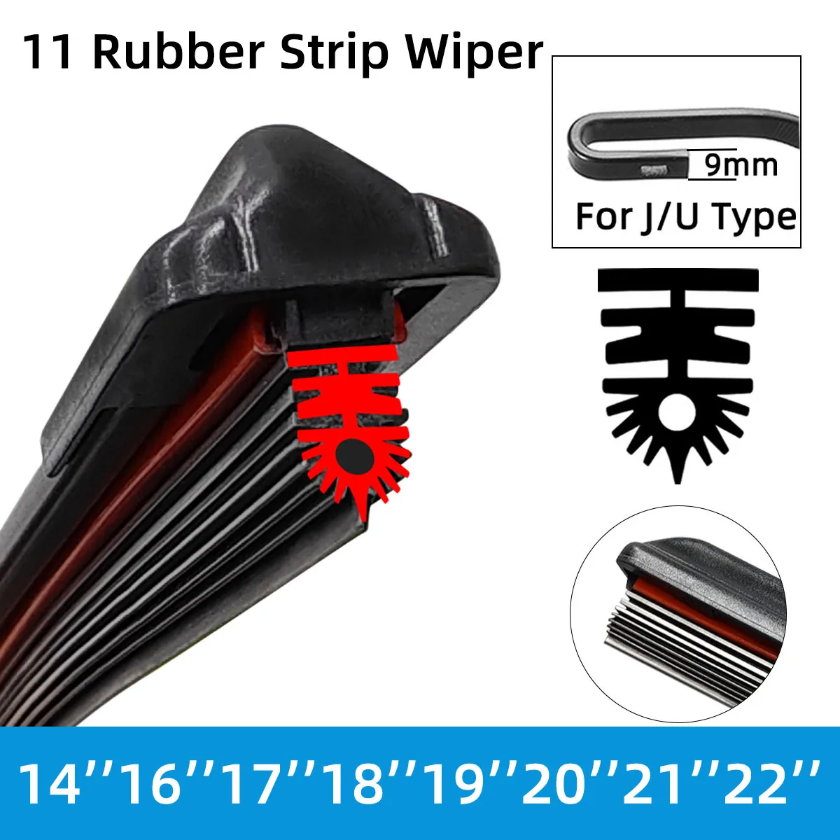 

1PC 11 Layer Rubber Strip Wiper Front Windshield Wiper Blade Universal J/U-Shaped 14''-22'' High-Definition Silent Durable Wiper