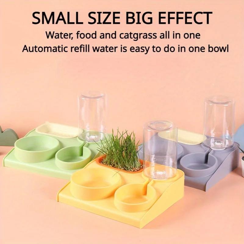 New Cat Bowl Cat One Meal Basin Automatic Drinking Water Food Basin Soilless Hydroponic Cat Grass Box Three-in-one Cat Food Set