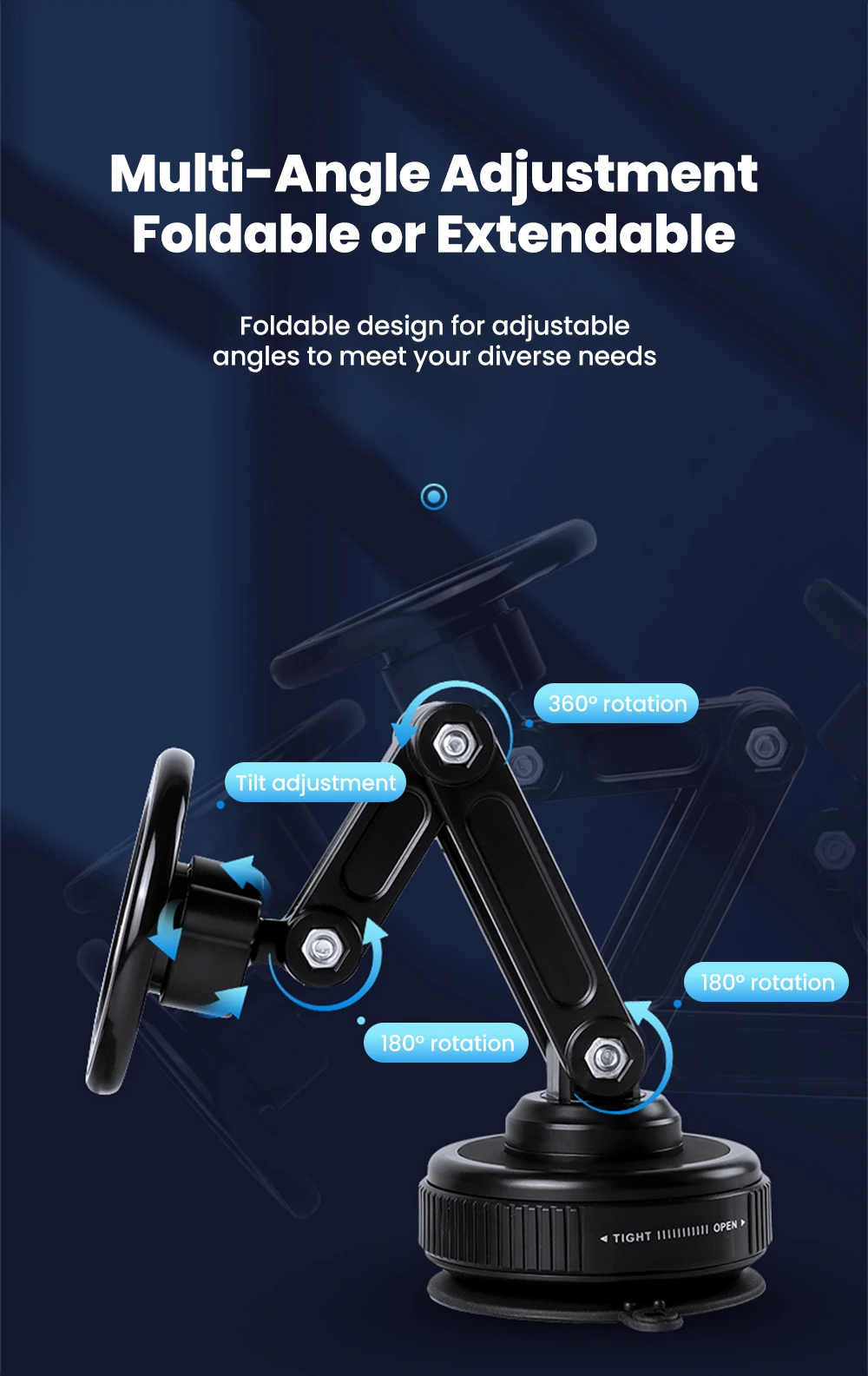 360 ° Drehbarer Auto-Handyhalter mit Vakuum-Magnethalterung, Faltbarer Verstellbarer Arm, Handyständer für Auto-Navigation und GPS – Detail 4