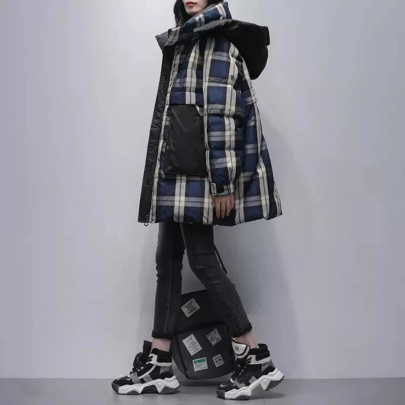 Plaid Splicing Down Jacket Women 2024 Winter New Korea Hooded Wide white duck Down Thicken Coat Warm Parkas Overcoat Female