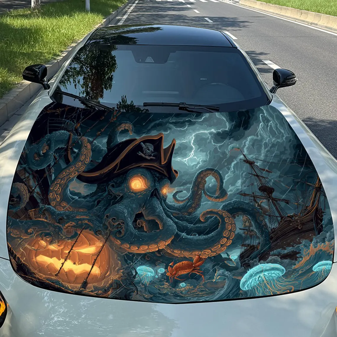 

Halloween Ocean Grotesque Car Vinyl Wrap, PVC Waterproof Car Hood Sticker, Self-Adhesive Scratch-Resistant Stickers for Engine C