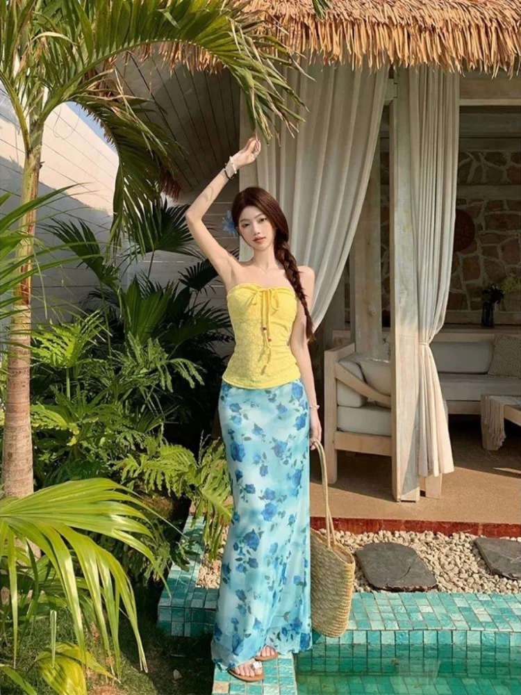 Summer Beach Party Style 2 Piece Skirt Sets Pure Color Sexy Slim Strapless Tops + Elegant Print 2000s Sweet Skirts Vintage Suits