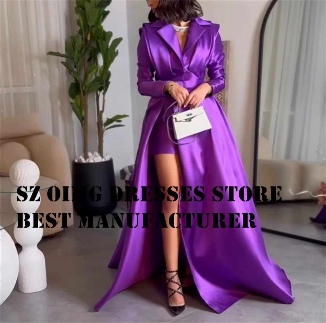 OIMG V Neck Prom Dresse Satin Long Sleeves Purple Customized Elegant  Vintage Women Simple  Evening Gowns Formal Party Dress