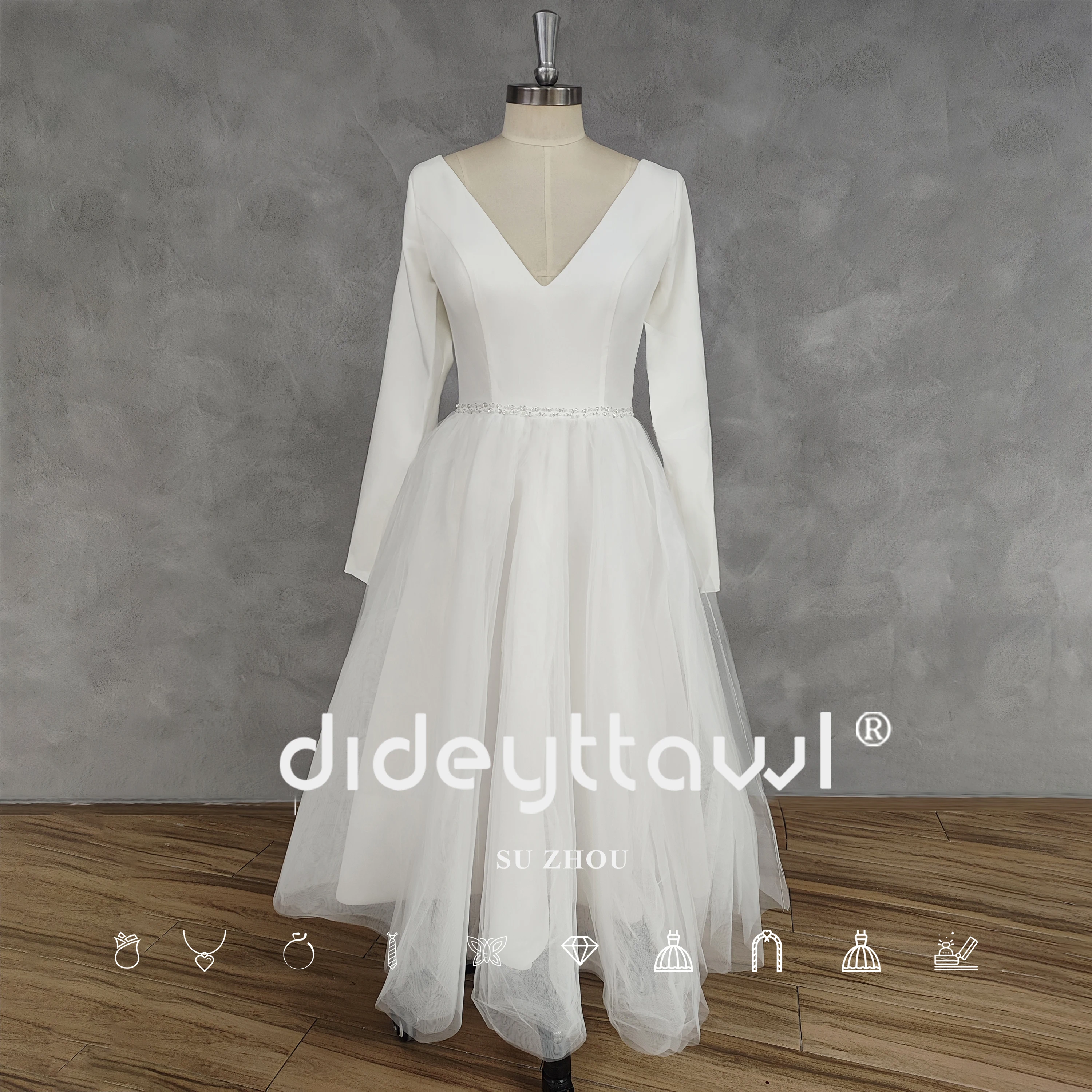 DIDEYTTAWL-Vestido de casamento com decote em V, vestido de noiva, manga comprida, meia panturrilha, costas ilusionistas, imagem real, elegante