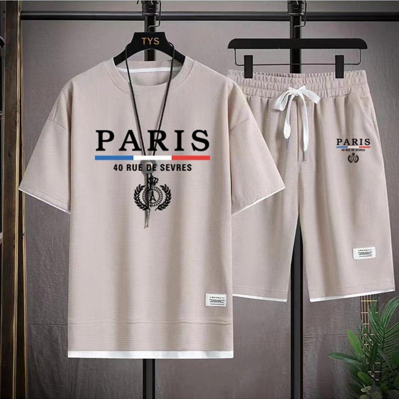 

Men's Waffle Sets France Paris Casual T-Shirt + Shorts Set 2PC Summer Male Sports Suits Tracksuit Loose Suit Man T shirt Clothes