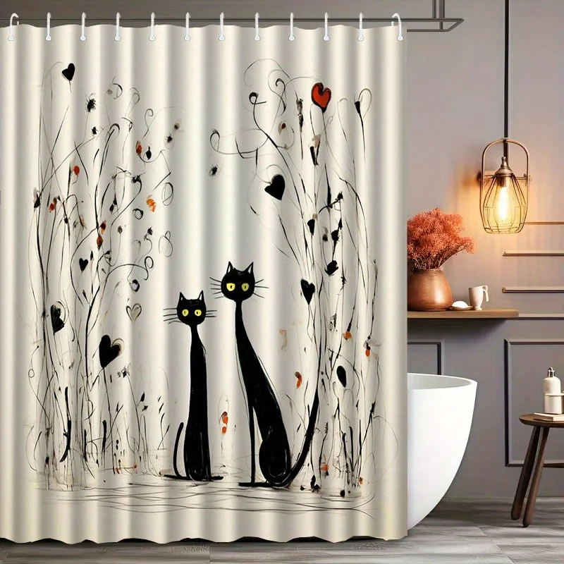 

Artistic Black Cats Shower Curtain, Abstract Heart Vines, Modern Minimalist Design, Waterproof Polyester Fabric
