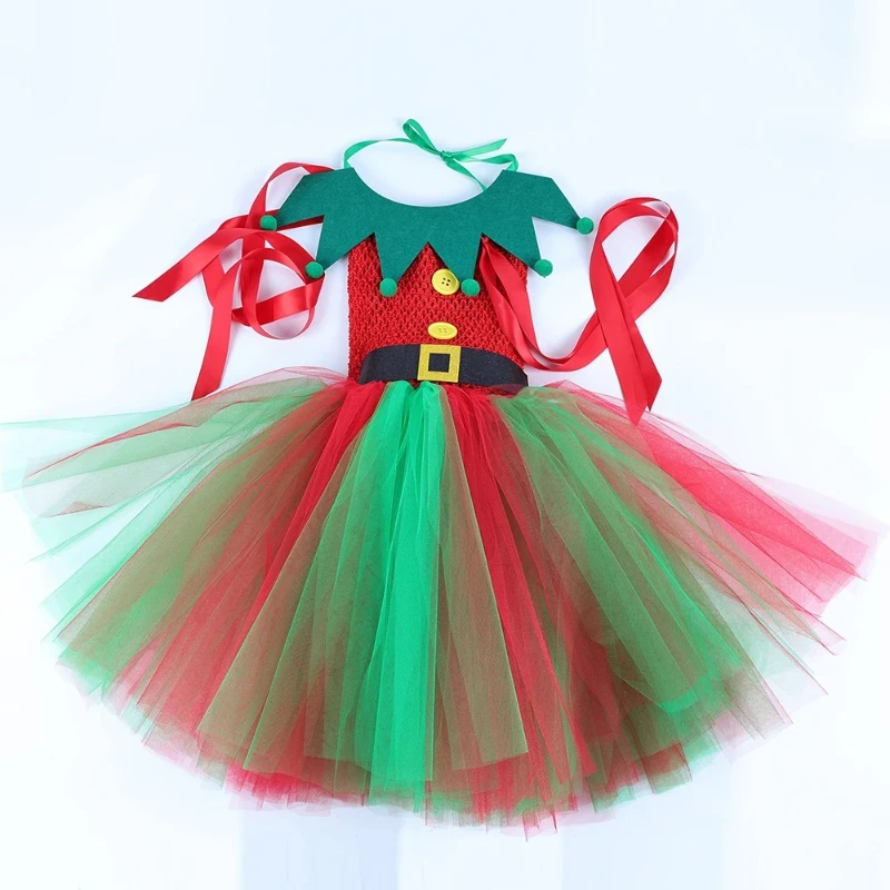 Red Green Christmas Elf Costumes for Girls Xmas Holiday Fancy Tutu Dress for Kids New Year Carnival Outfit with Elves Ears Socks