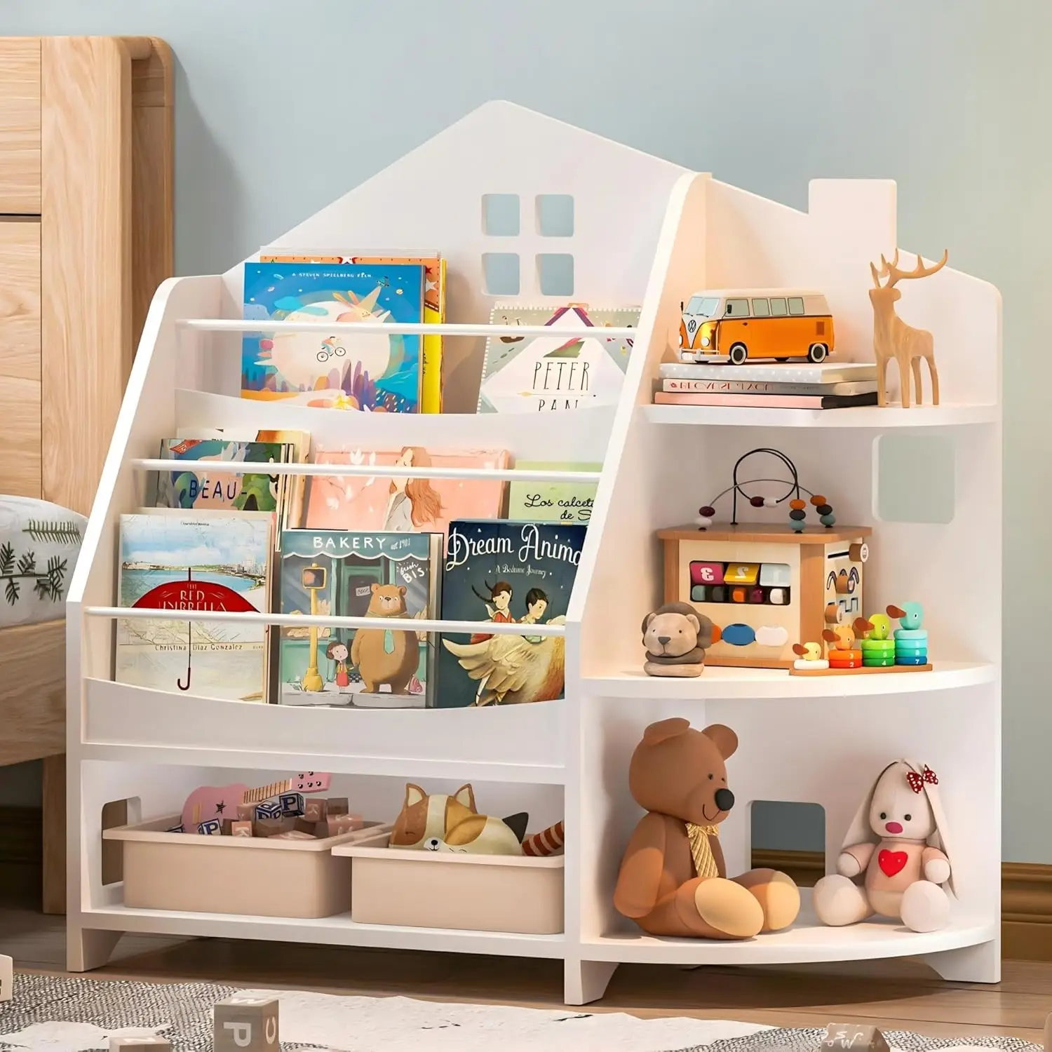 Estante, estante para livros em formato de casa para quartos infantis, estante montessori, prateleira para livros infantis e armazenamento de brinquedos para crianças pequenas