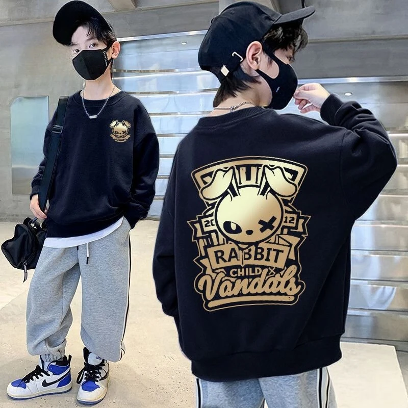 

2025 New 8-10 Years Old Boys' Middle-Large Kids Trendy Loose Fit Fleece Lined Crewneck Sweatshirt - Stylish Autumn Spring Top