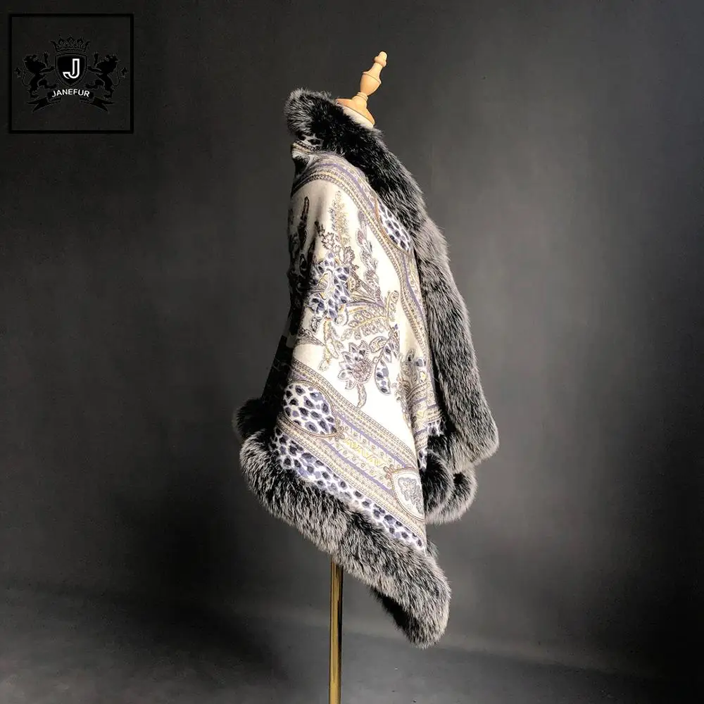 Women's Real Fur Poncho Genuine Fox Fur Collar Trim & Wool Cashmere Cape Fashion Style Winter Thick Warm Fur Scarf